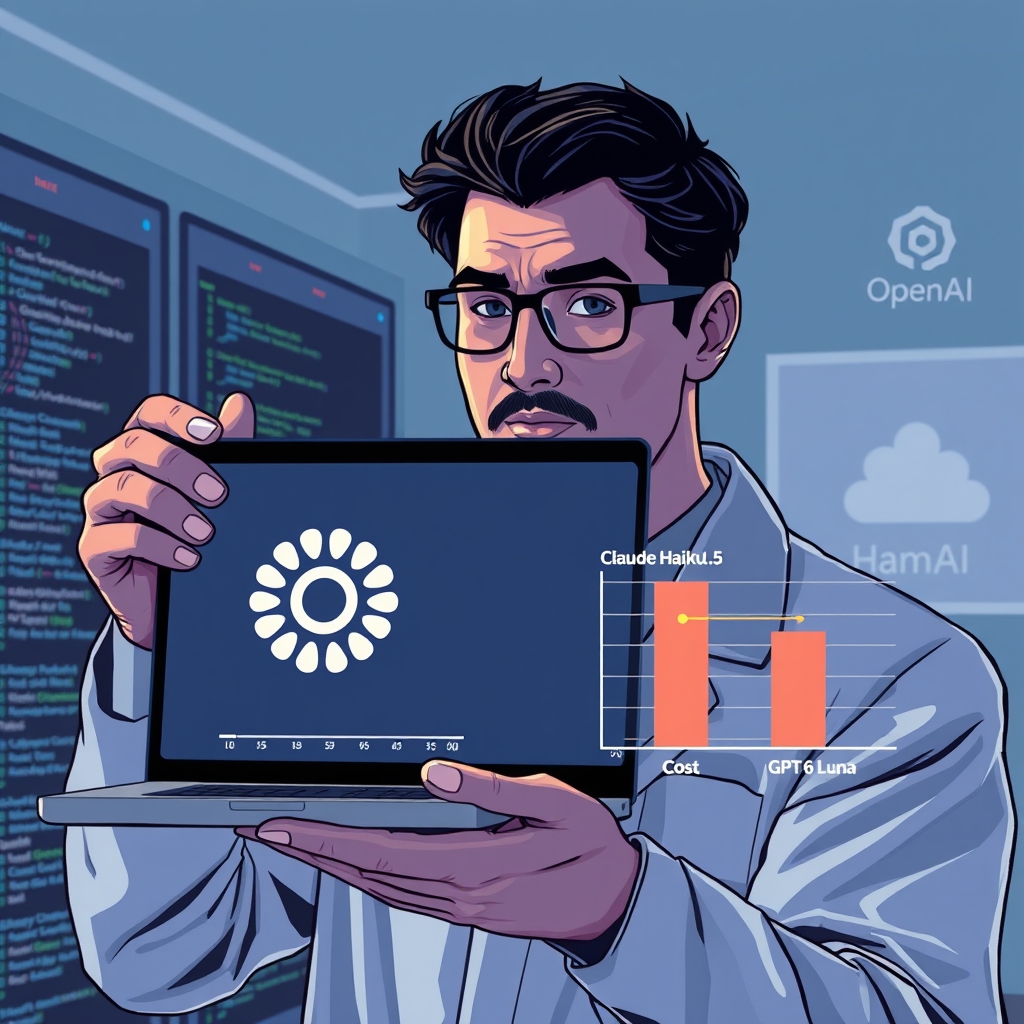 Create an original premium technology-news editorial illustration featuring a dominant Anthropic researcher presenting a sleek laptop screen displaying the Claude Haiku 5.5 logo, while a side‑by‑side chart compares cost bars of Haiku 5.5 and GPT‑6 Luna, with the Haiku bar lower and a small upward arrow indicating higher performance; include subtle background elements like code snippets and a cloud‑based server rack to convey AI deployment, and a faint OpenAI logo in the background to denote competition; render in a clean, modern editorial style with muted tech‑blue tones, balanced composition highlighting the researcher and the comparative chart, and limit any textual labels to essential model names; cinematic composition.