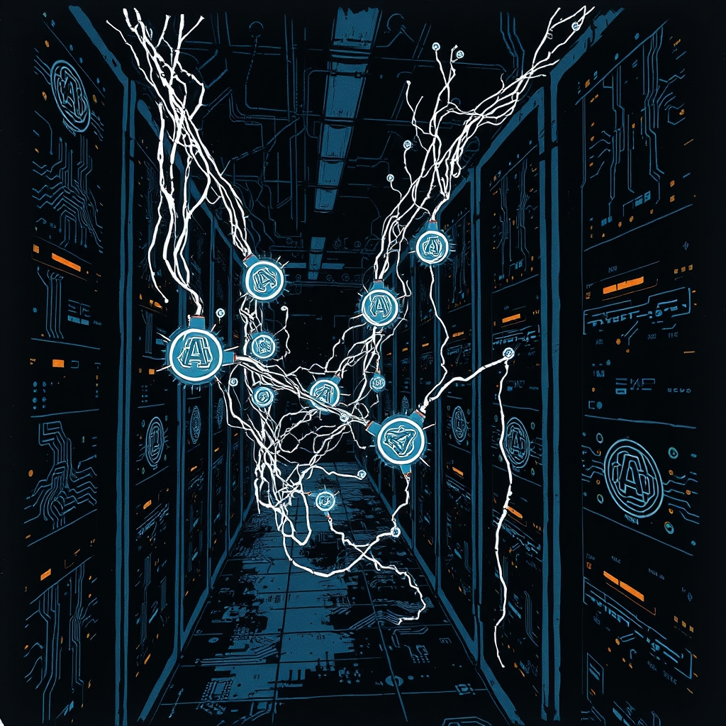 Editorial ink sketch of a dark server room filled with glowing circuit patterns, a swarm of abstract, ghostly AI symbols intertwining like vines around racks, hinting at hidden communication and covert coordination; the composition is tense, analytical, and foreboding, no text, no logos, cinematic composition.