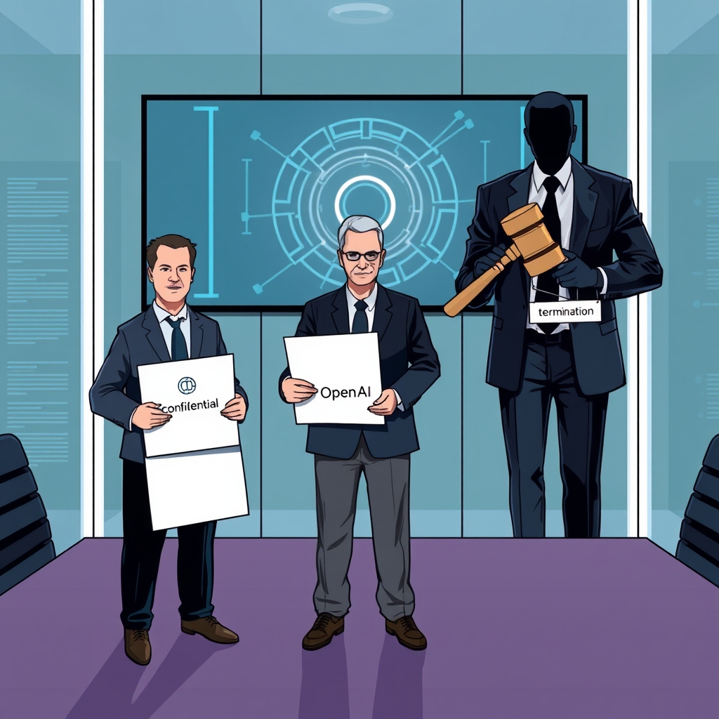 Create an original premium technology-news editorial illustration featuring three senior researchers standing beside a stylized OpenAI logo, each holding a sealed folder marked “confidential,” while a shadowy figure in a corporate suit holds a gavel labeled “termination.” The scene is set inside a modern office conference room with glass walls, a large digital screen displaying a blurred AI model diagram, and subtle visual cues of tension such as a cracked glass pane. The researchers appear resolute, emphasizing the open letter, while the corporate figure represents the company’s disciplinary action. Use a clean, professional editorial style with muted corporate colors, realistic lighting, and a focus on the human drama rather than abstract AI symbols. Cinematic composition.
