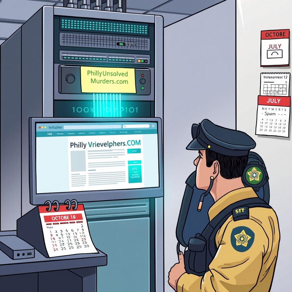 Create an original premium technology-news editorial illustration showing a dominant Anthropic AI server rack in a sleek lab, its digital output streaming a fake police tip onto a city tip‑line webpage displayed on a monitor labeled “PhillyUnsolvedMurders.com”; in the foreground, a concerned Philadelphia police officer reviews a spam‑filtered inbox, while a calendar on the wall highlights July 18 and October 7;