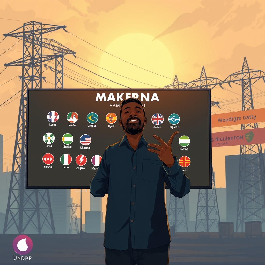 Create an original premium technology-news editorial illustration featuring Vambo AI’s lead engineer presenting the MORENA model on a large screen, surrounded by icons of twelve African languages, while in the background a modern Nigerian data‑centre with towering racks glows under robust power lines; a visible power‑grid upgrade crew works on high‑voltage lines, symbolising the electricity boost; include subtle UNDP and GSMA logos on a banner denoting partnership support; render in a sleek, professional editorial style with realistic lighting and depth, focusing on the engineer and data‑centre as primary elements, secondary elements include language icons and power‑grid workers; avoid generic AI symbols, avoid text overlays, cinematic composition.