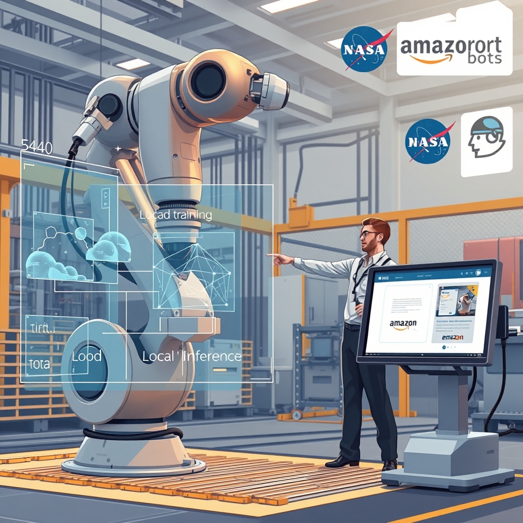 Create an original premium technology-news editorial illustration featuring a sleek industrial robot arm on a factory floor, with a visible AI data pipeline overlay indicating cloud training and local inference, a technician pointing at a screen displaying a part‑identification UI, and logos subtly representing Standard Bots, NASA, and Amazon in the background; the scene should convey the integration of AI perception and conventional motion control, using a realistic yet stylized editorial style, cinematic composition.