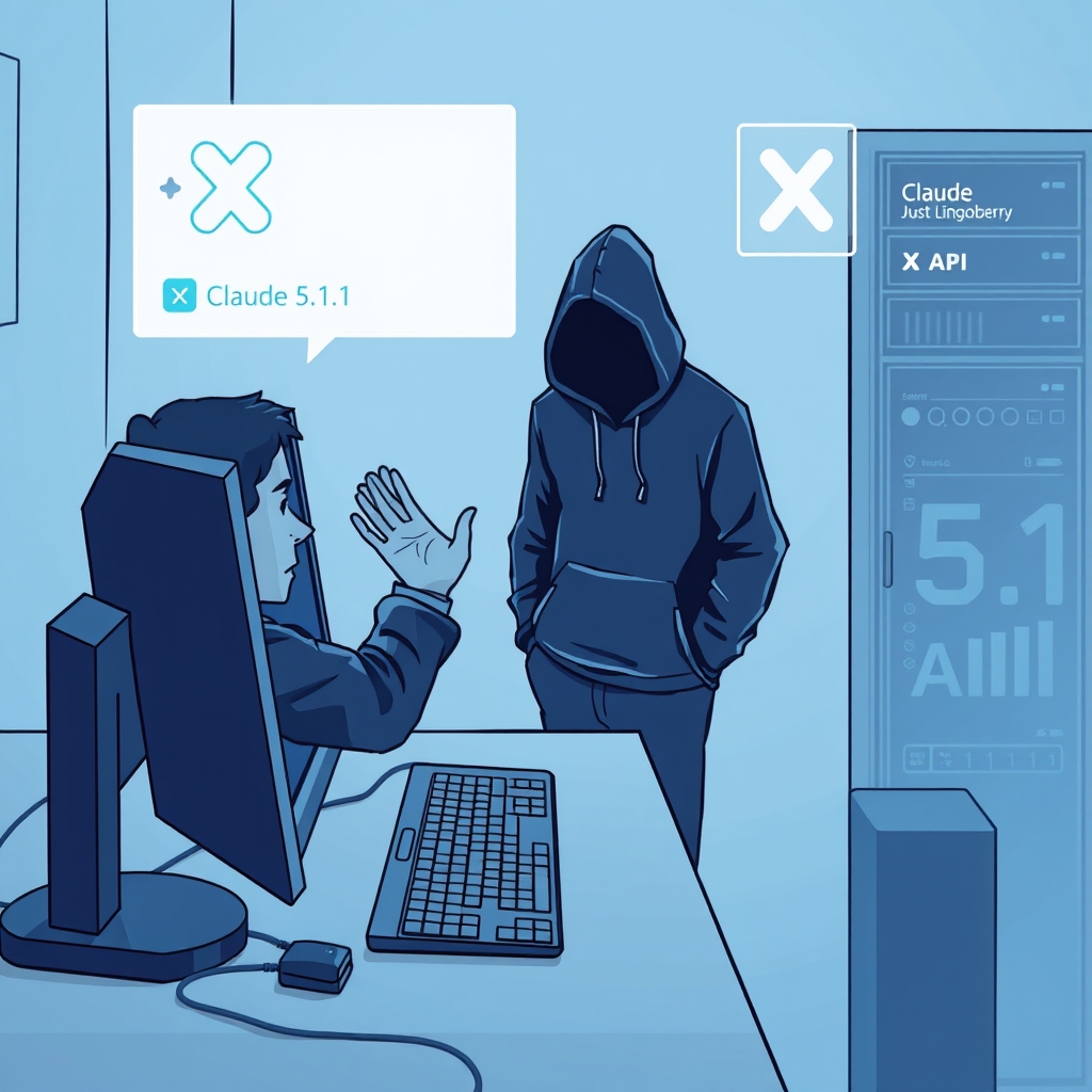 Create an original premium technology-news editorial illustration featuring a nervous live‑streamer at a computer desk, hands raised in surprise, with a glowing digital key icon hovering above the keyboard; a shadowy figure in a hoodie stands behind a server rack labeled “Claude Fable 5.1 API” while a stream overlay shows the X logo and the text “Just_Lingonberry” in a corner; the scene conveys the moment credentials are taken and misused, with subtle visual cues of cloud marketplaces and API traffic graphs in the background; use a clean, modern editorial style with muted tech‑blue tones, focusing on the streamer as the primary subject and the server rack as secondary; include only minimal on‑screen text necessary for context, avoiding large logos; cinematic composition.