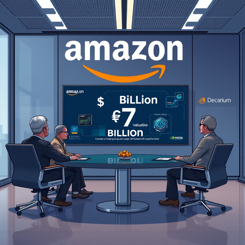 Create an original premium technology-news editorial illustration featuring Amazon’s corporate cloud icon as the dominant element, depicting a meeting between Amazon executives and the founders of Decart AI in a sleek modern conference room. The scene shows a digital display highlighting the $7 billion valuation and a schematic of AI chips being swapped via Decart’s software interface. In the background, subtle references to AWS Trainium chips and Nvidia GPU logos appear as secondary elements. The illustration should convey the strategic acquisition and the hardware‑agnostic AI tooling narrative. Use a clean, high‑tech editorial style with realistic lighting and minimal text, focusing on the interaction and the valuation overlay. cinematic composition.