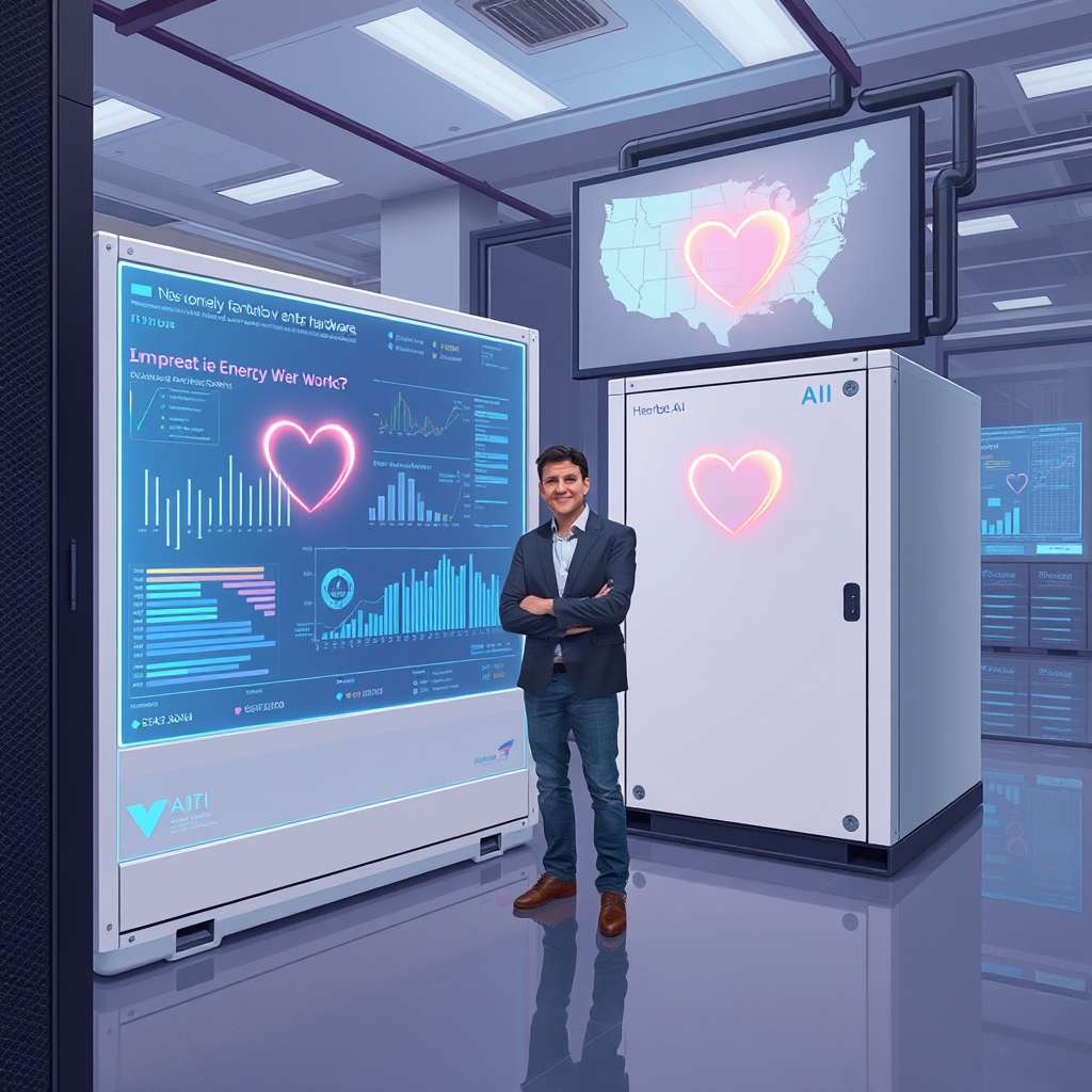 Create an original premium technology-news editorial illustration featuring the founder Philipp Schroder standing beside a sleek modular energy‑storage unit, both set within a modern data‑center environment where holographic graphs display AI‑driven energy‑market analytics; the scene highlights a glowing Heartbeat AI logo on a large screen, indicating software control over the hardware; subtle background elements suggest a transatlantic connection, such as a faint outline of the United States map; use a clean, professional editorial style with muted corporate colors, focusing on the interplay between physical hardware and digital AI; avoid generic AI symbols, excessive text, and unrelated branding; cinematic composition.