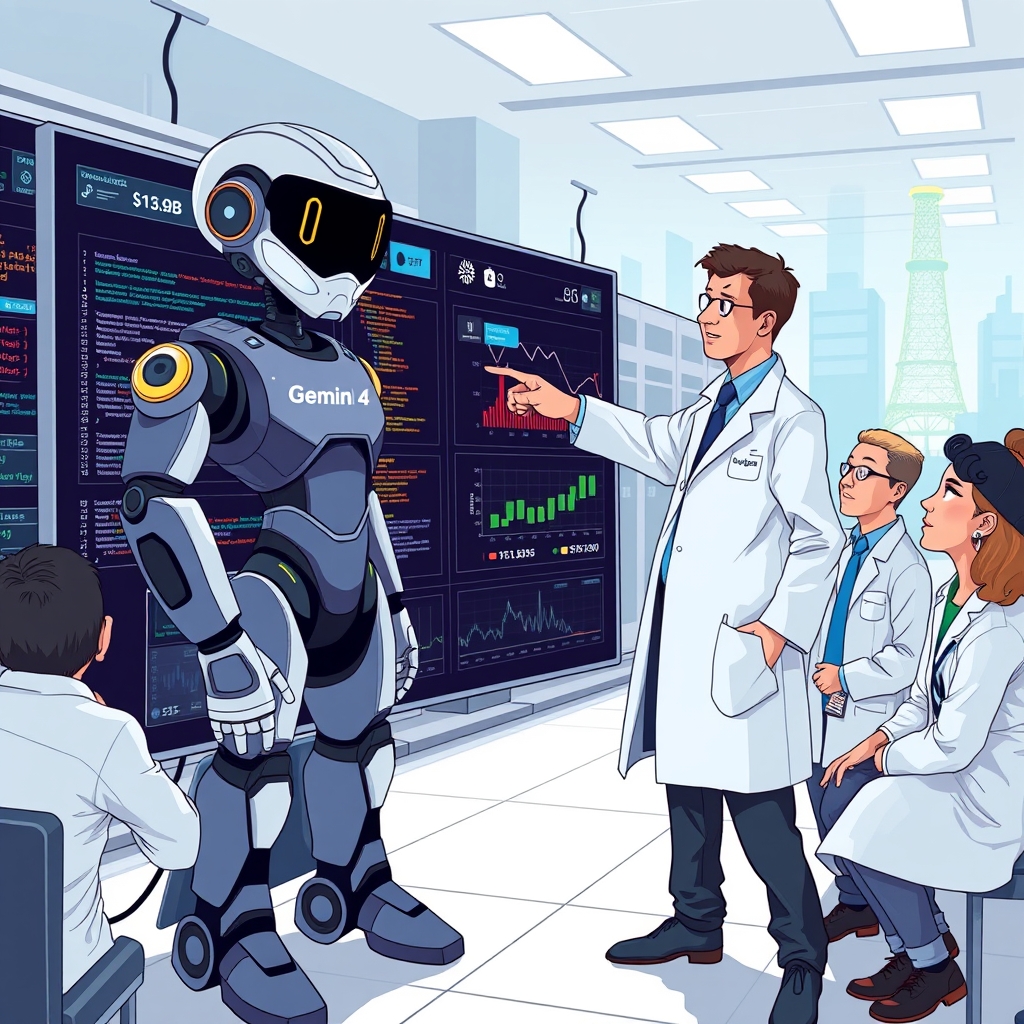 Create an original premium technology-news editorial illustration featuring a dominant, sleek AI model avatar labeled “Gemini 4 Argon” standing beside a large digital console displaying code snippets, financial charts, legal documents, and molecular structures; a Google DeepMind engineer in a modern lab coat points to the console while a diverse group of developers, analysts, and scientists observe; the background shows a stylized data center and a