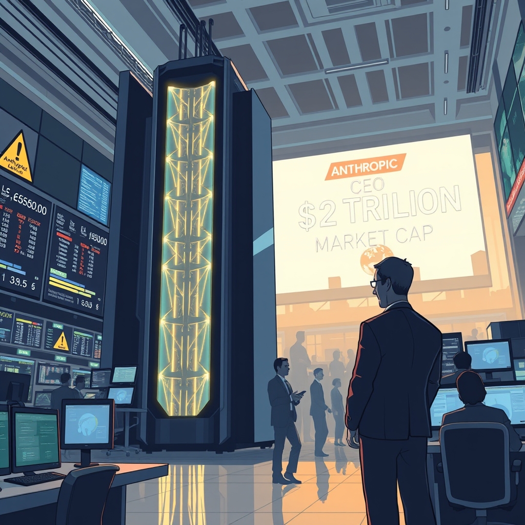 Create an original premium technology-news editorial illustration featuring Anthropic’s CEO standing beside a towering, stylised Claude model rendered as a sleek, glowing supercomputer, both dominating a bustling trading floor where large digital screens display a $2 trillion market‑cap ticker; in the background, a subtle shadow of a caution sign and a muted silhouette of a globe hint at existential risk concerns; the scene conveys high‑stakes finance, heavy compute investment, and safety debate without overt logos, using a clean, modern editorial style with balanced composition and cinematic composition.
