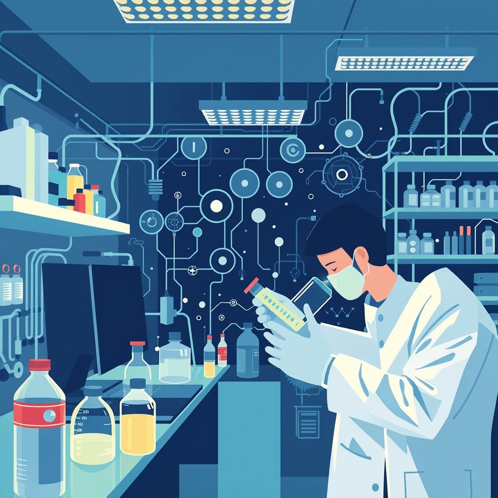 Create an original premium technology-news editorial illustration featuring a European research laboratory