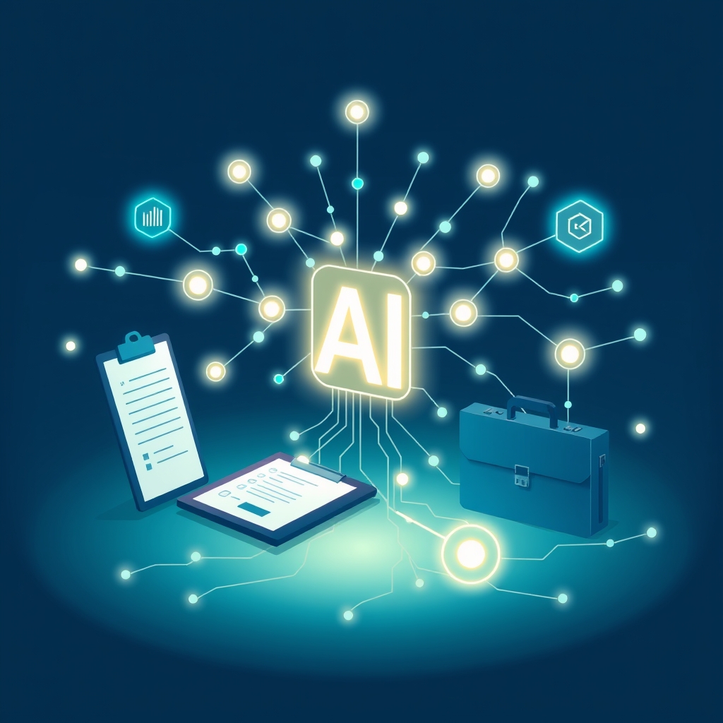 A clean vector flat illustration of an abstract AI network of glowing nodes and data streams flowing around stylized office tools like a clipboard and a briefcase, using a cool blue‑green palette, conveying the subtle but pervasive impact of AI on jobs. No text, no logos, cinematic composition.