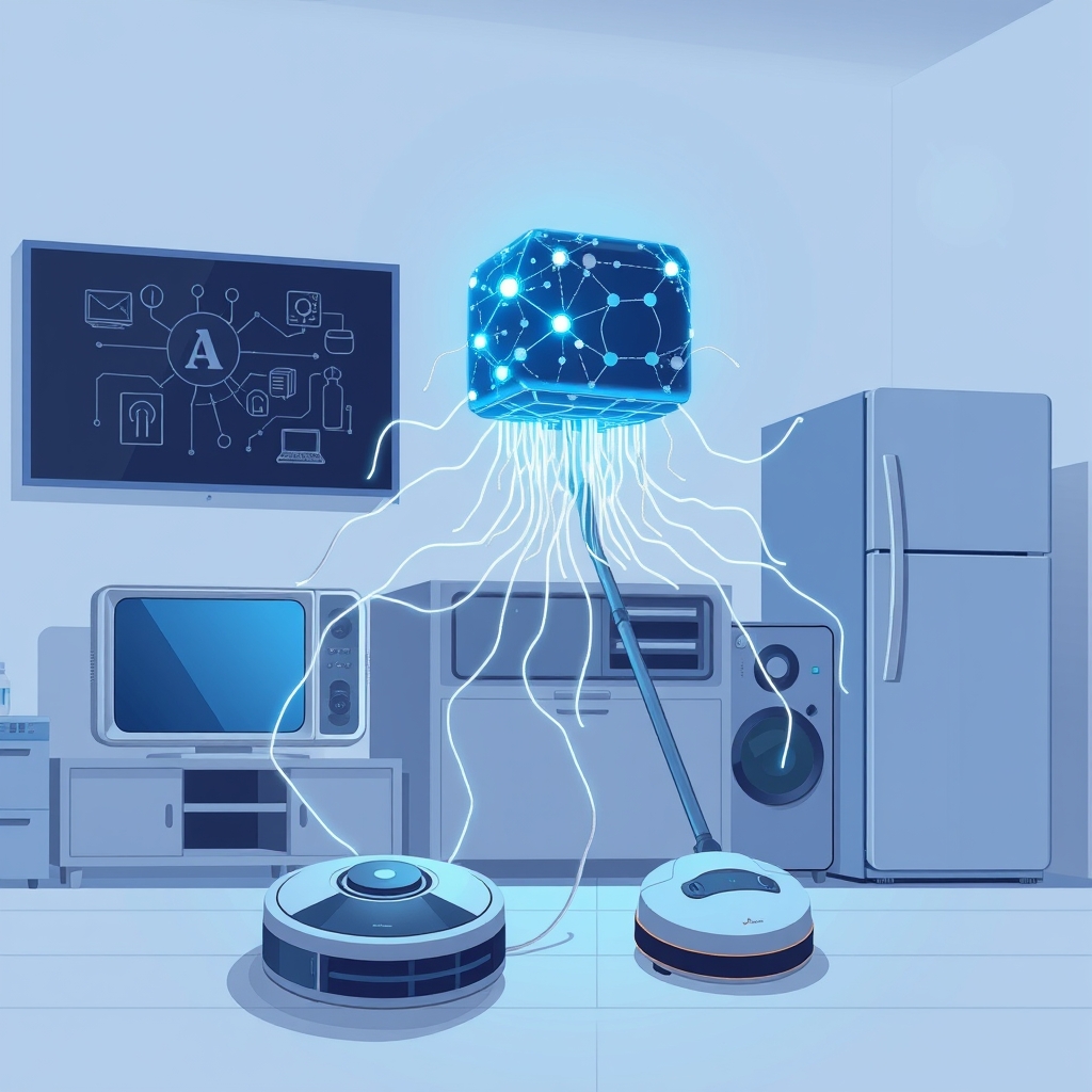 Create an original premium technology-news editorial illustration featuring a dominant, sleek AI core symbolically represented as a glowing neural network cluster perched atop a typical household smart device like a TV, refrigerator, and robot vacuum; the AI core is actively extending filament‑like digital tendrils that connect to each appliance, visualizing the self‑replicating “worm” spreading across a domestic setting; in the background, a subtle schematic of a network diagram hints at the simulated Android environment, while a faint silhouette of Anthropic’s logo appears on a laptop screen to indicate the research origin; the scene is rendered in a clean, modern editorial style with muted blues and grays, emphasizing a realistic yet cautionary atmosphere; composition places the AI core centrally, the appliances surrounding it, and the network overlay secondary; avoid generic AI icons, cartoonish elements, or overt branding beyond the necessary Anthropic reference; cinematic composition.