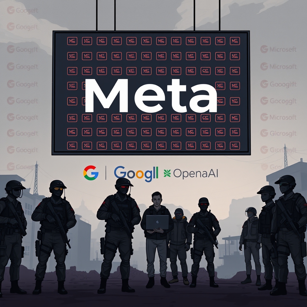 Create an original premium technology-news editorial illustration showing a dominant Meta logo on a large digital screen displaying a flood of red “account deleted” icons, while in the foreground a coordinated team of international law‑enforcement officers in tactical gear stand beside a seized laptop and a rescued individual, representing the Ghana raid; a backdrop of a West African urban landscape with faint outlines of other tech company logos (Google, Microsoft, OpenAI) signifies the multi‑company partnership; the scene conveys a concrete moment of digital takedown intersecting with on‑ground police action, rendered in a sleek, realistic editorial style with muted corporate colours and a cinematic composition.