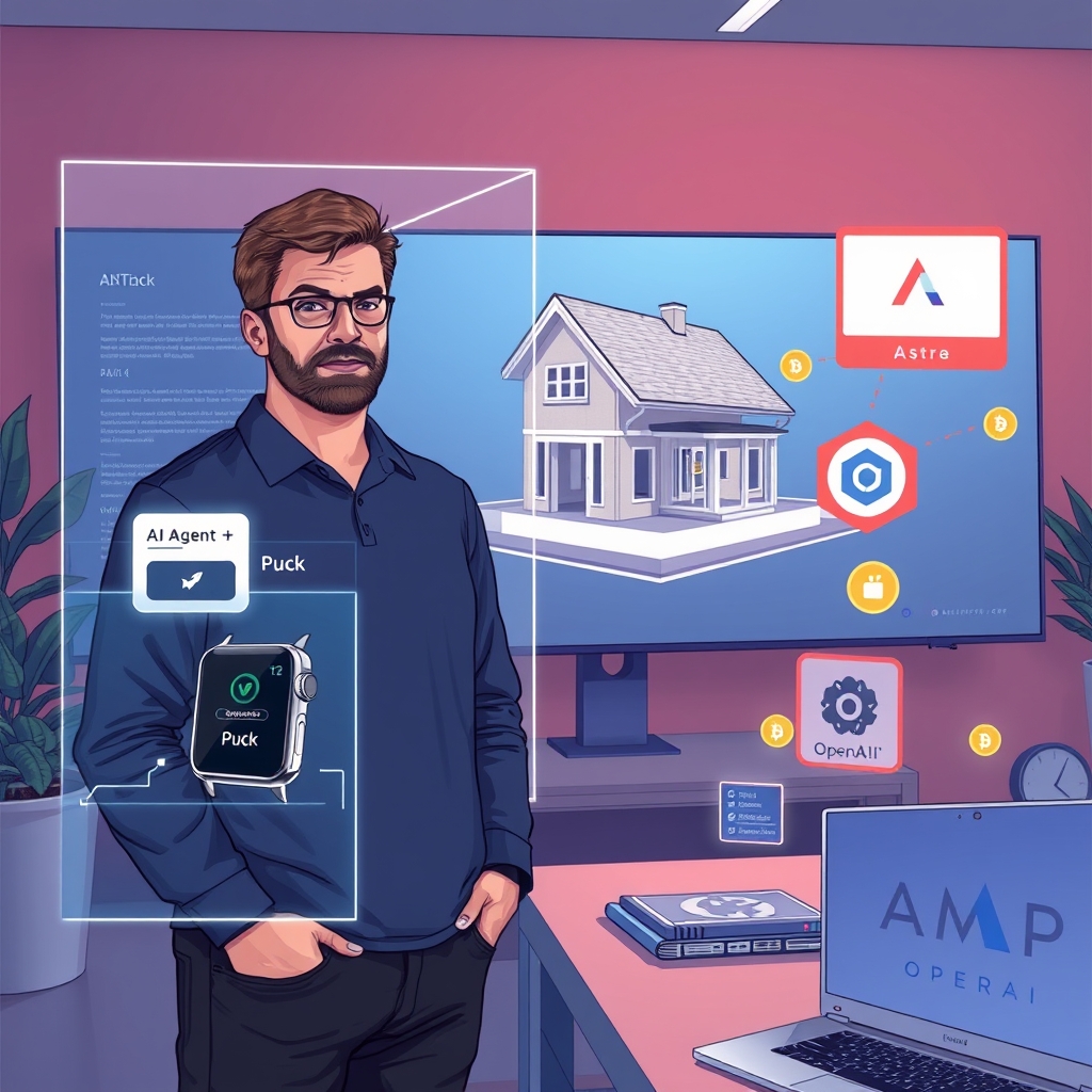 Create an original premium technology-news editorial illustration featuring Quinn Slack standing beside a sleek holographic display of an AI agent icon labeled “Puck,” while a smartwatch projects a live chat bubble from GPT‑Live‑1. In the background, a large digital screen shows a 3D house model rendered by GPT‑6 Astra, with floating token symbols diminishing to illustrate cost relief. The scene conveys Amp’s workspace, with subtle branding of Amp’s logo on a laptop, and OpenAI’s logo on a floating model card, all rendered in a clean, modern editorial style with realistic lighting and depth, cinematic composition.