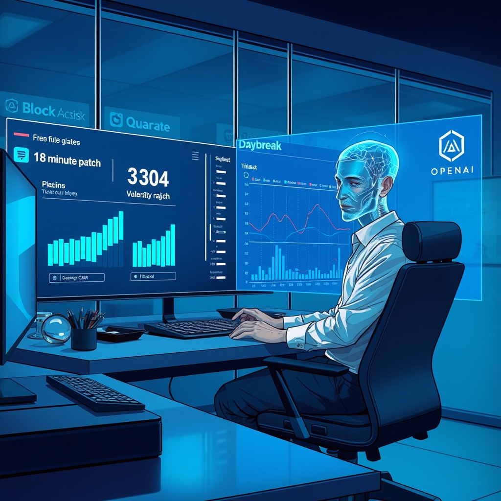 Create an original premium technology-news editorial illustration featuring a confident security analyst seated at a modern workstation, collaboratively reviewing code with a holographic AI avatar labeled “Daybreak” projecting data streams of vulnerability graphs; the scene shows a large digital dashboard displaying a rapid “18‑minute patch” timer and a timeline compressing seven months of telemetry into a single hour‑long replay; in the background, subtle logos of Block, Square, Cash App and Afterpay appear on office glass, while a faint OpenAI logo glows on the AI avatar’s interface; the composition emphasizes the analyst‑AI partnership, with the analyst in the foreground, the AI hologram slightly behind, and the dashboard as secondary; use a sleek, corporate‑tech editorial style with cool blues and metallic accents; cinematic composition.