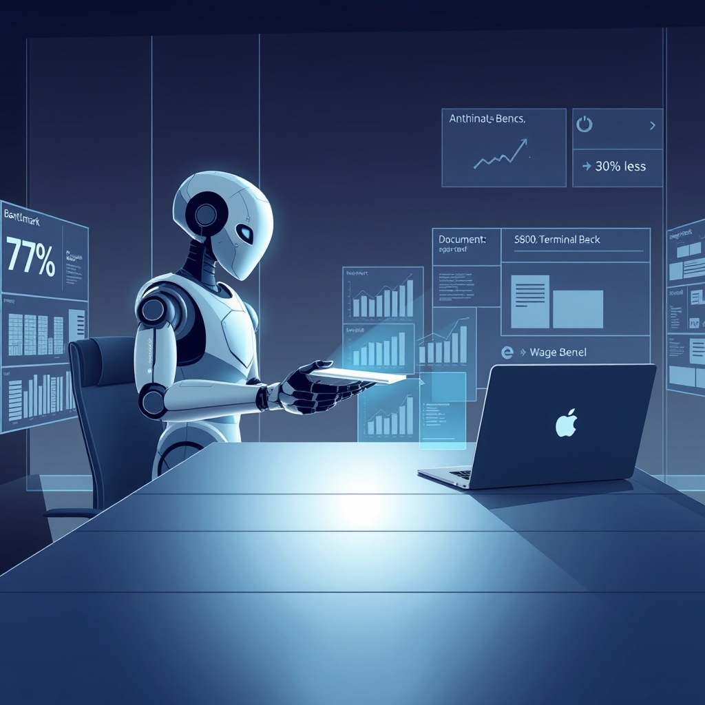 Create an original premium technology-news editorial illustration featuring a sleek, futuristic office desk as the dominant visual element, with an anthropomorphic AI assistant (represented by a stylized, glowing holographic figure) handing a polished slide deck to a focused professional. The scene should depict the AI rapidly generating documents and spreadsheets on multiple transparent screens, emphasizing speed and efficiency. In the background, a subtle display shows benchmark numbers (e.g., “70.6 % Terminal‑Bench”) and cost icons indicating “30 % less”. The Anthropic logo appears discreetly on a laptop screen to identify the brand without dominating the composition. Use a clean, modern editorial style with muted corporate colors and a cinematic composition.