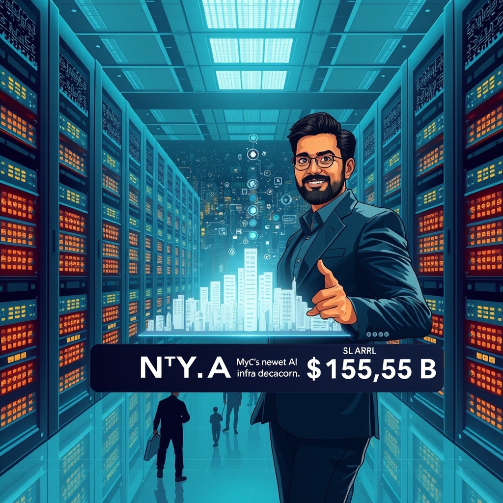 Create an original premium technology-news editorial illustration featuring a dominant visual of a modern data center with glowing server racks arranged like a city skyline, foregrounded by a confident CTO (representing Akshat Bubna) gesturing toward a holographic interface displaying millions of tiny sandbox icons scaling upward. In the background, a bustling urban scene of New York silhouettes hints at “NYC’s newest AI infra decacorn.” Supporting elements include a sleek Accel logo on a banner beside the CTO and subtle floating numbers indicating $1 B ARR and $15.75 B valuation. The style should be clean, high‑tech, with realistic lighting and a cinematic composition.