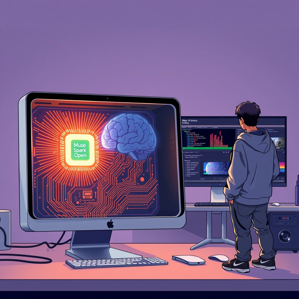 Create an original premium technology-news editorial illustration featuring a sleek Apple Mac Studio with an M5 Ultra chip front and center, its open chassis revealing a glowing circuit board that symbolizes a massive AI brain labeled “Muse Spark Open”. A developer in a casual tech hoodie stands beside the machine, looking at a large monitor displaying code snippets and a video‑editing timeline, indicating the model’s coding and DaVinci Resolve capabilities. In the