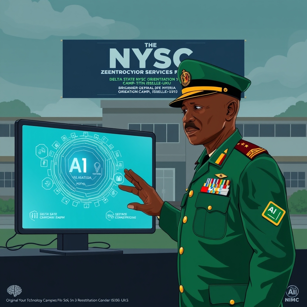 Create an original premium technology-news editorial illustration featuring the National Youth Service Corps (NYSC) emblem or a uniformed corps member standing beside a futuristic computer screen displaying AI icons, representing the rollout of AI‑enabled online registration. The scene is set at the Delta State NYSC Orientation Camp in Issele‑Uku, with a backdrop of the camp’s administrative building and a banner announcing the new AI system. In the foreground, Brigadier General Olakunle Nafiu, in his uniform, gestures toward the screen, symbolising the announcement. Supporting details include a subtle representation of the NYSC portal on the screen and a faint NIMC logo indicating biometric collaboration. The visual style should be clean, professional, and suitable for a technology‑focused editorial, with a balanced composition that highlights the General and the AI interface while keeping the NYSC identity prominent. Avoid generic AI symbols like floating brains; focus on concrete interaction. cinematic composition