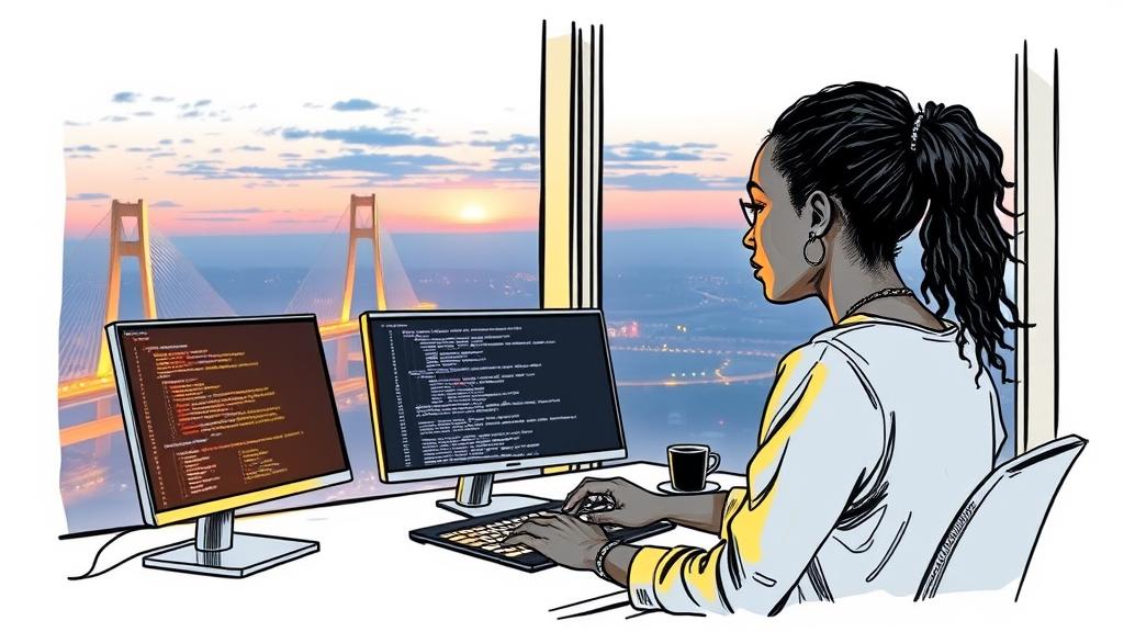Editorial ink sketch: A young African female developer in a Lagos high-rise office looking out at the Lekki-Ikoyi Link Bridge at twilight. Her desk features a dual-monitor setup displaying complex code architectures and neural network nodes. A subtle, stylised golden OpenAI logo glows faintly on the side of her sleek laptop. The mood is analytical and focused, with warm interior desk lighting contrasting against the deep blue twilight sky. No text, no logos, cinematic composition.