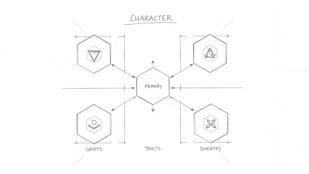 A serious pencil sketch illustrating a structured character blueprint, showing six interconnected geometric compartments containing symbolic representations of memory, goals, traits, and inventory. Analytical style, clean technical lines, architectural drawing. No text, no logos.
