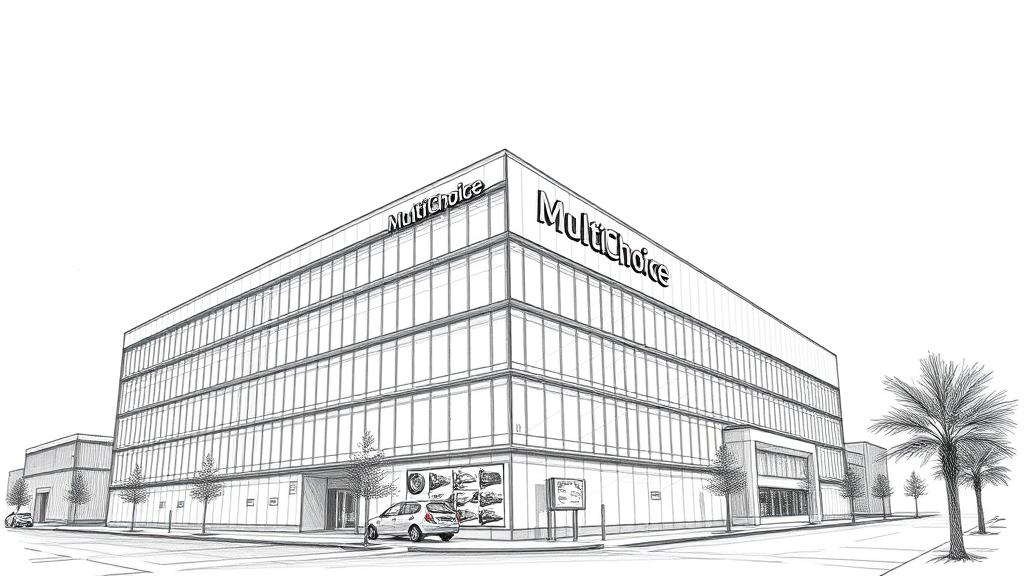 A detailed pencil sketch of the modern MultiChoice corporate headquarters building in Randburg, Johannesburg, under a heavy, overcast sky. The drawing should focus on the architectural angles of the building's exterior, with dramatic shadows and fine cross-hatching to convey a serious and analytical editorial tone. No text, no logos.