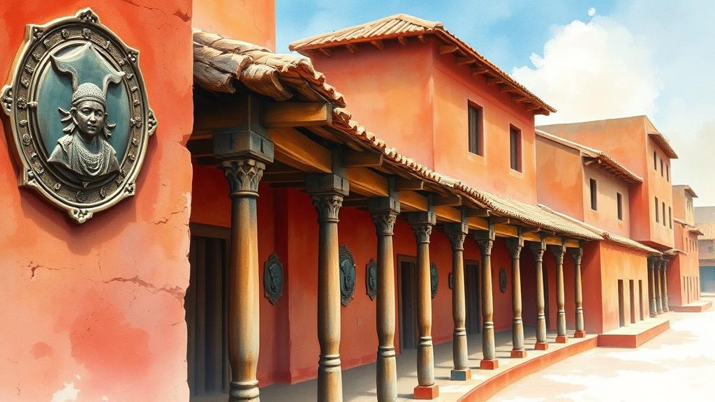A watercolour painting depicting a vibrant, digitally-reimagined architectural reconstruction of the historical Benin City, featuring its famous earthen walls, traditional houses with polished red clay, and intricate bronze plaques hanging on wooden pillars, blending historical accuracy with a soft, ethereal glow. No text, no logos.