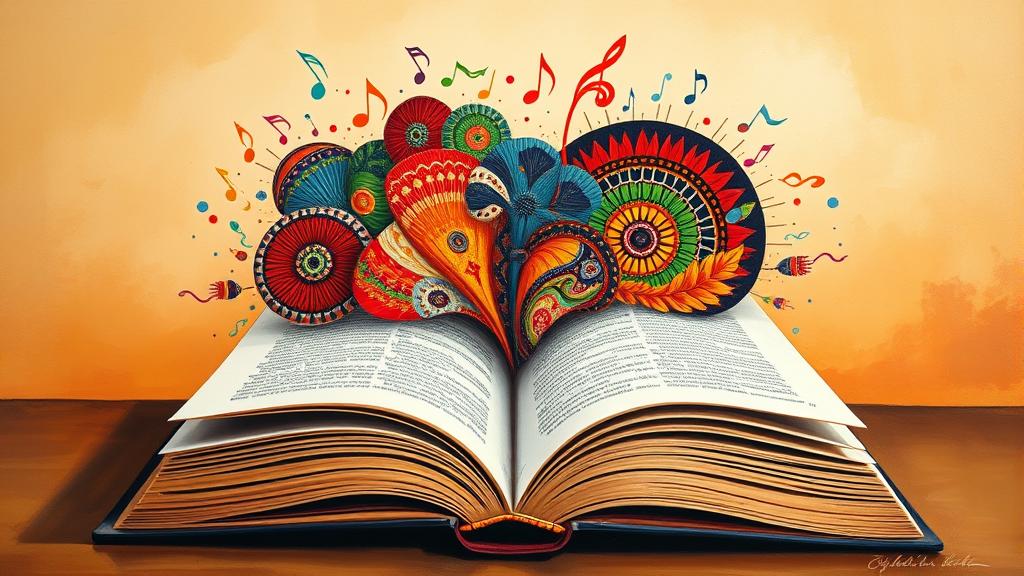 An oil painting of an open textbook with pages gently fluttering, as vibrant, multi-coloured soundwaves rise from the paper and morph into intricate Yoruba, Igbo, and Hausa textile patterns. The background is a soft, warm gradient of amber and terracotta. No text, no logos.