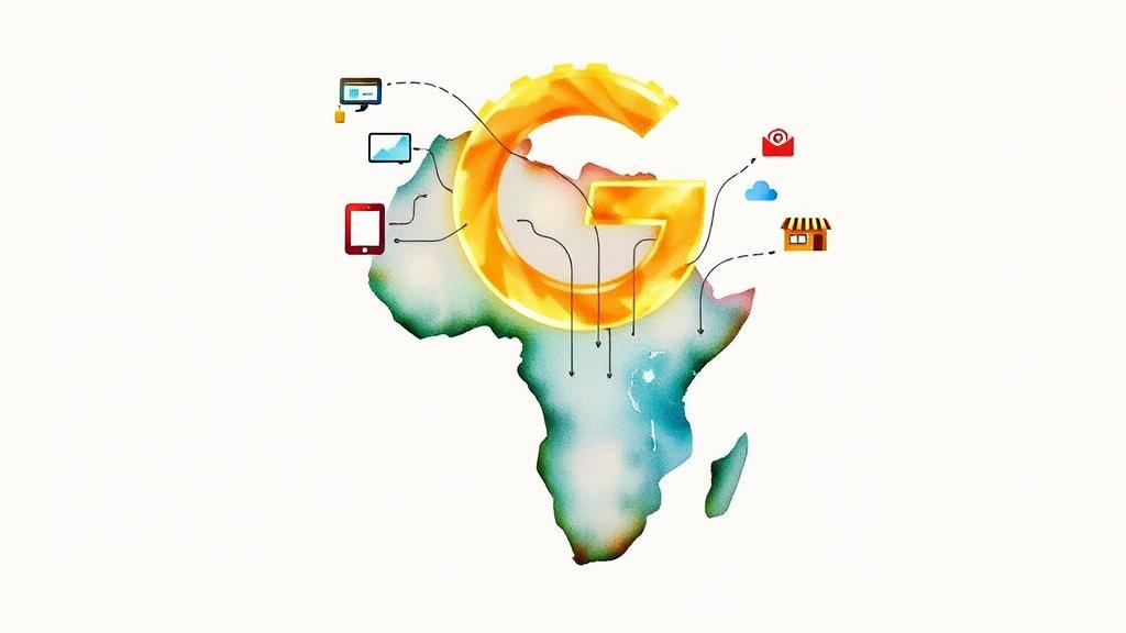 A watercolour painting showing a stylized, glowing 'G' symbol (representing Google/Gemini) with multiple digital streams flowing out of it, transforming into various icons like a web browser window, a smartphone screen, a video camera, and a small business storefront. The streams converge and flow over a map of Africa, highlighting its outline. The overall impression should be of connectivity and innovation spreading across the continent. No text, no logos.