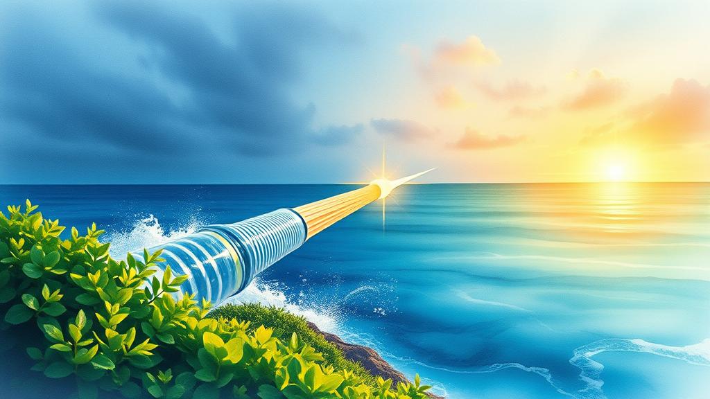 An editorial watercolor painting of a massive fiber-optic cable emerging from the ocean onto an African shoreline, with vibrant green vegetation growing around it and soft, golden light radiating from the connection point. No text, no logos.